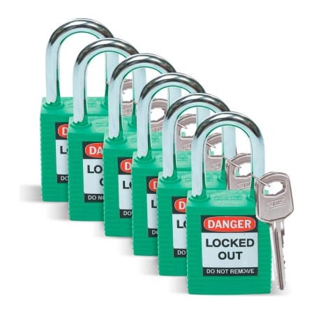 Brady Brady Lockout Padlock, Keyed Differently, 1-1/2", Plastic/Steel, Green, 6/Pack 51345